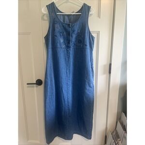 VTG Denim Floral Leaves Embroidered Sleeveless Dress‎ Cottagecore Medium 10/12